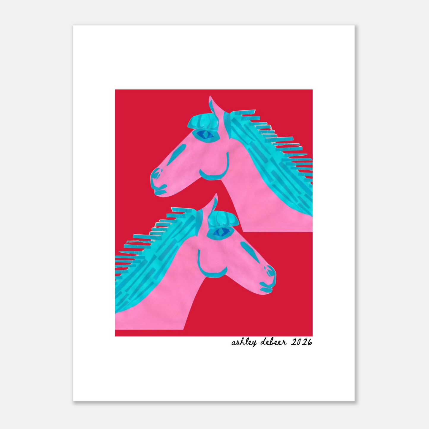 Colorful horse illustration with 'ashley debeer 2026' signature on a red background