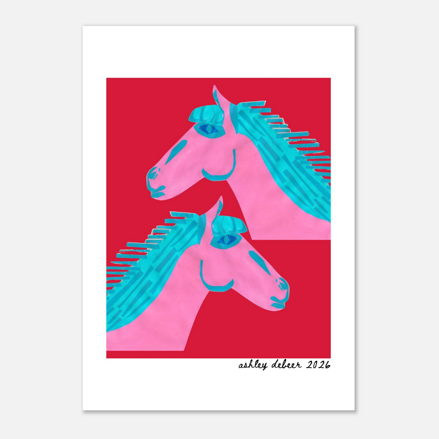 Art print with two pink horses with blue manes on a red background, signed 'Ashley Debeer 2026'.